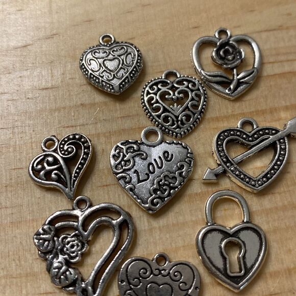Lot of 10 Heart Silvertone Charms, Decor, Jewelry Making, Scrapbooking, Bracelet - Picture 3 of 4
